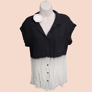 NWT Umgee Linen Blend Ombre Button Down Shirt M Fray Trim High-Low Boho Black